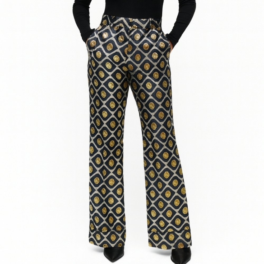 LA DoubleJ Black and Gold Geometric Cropped Wide-Leg Pants